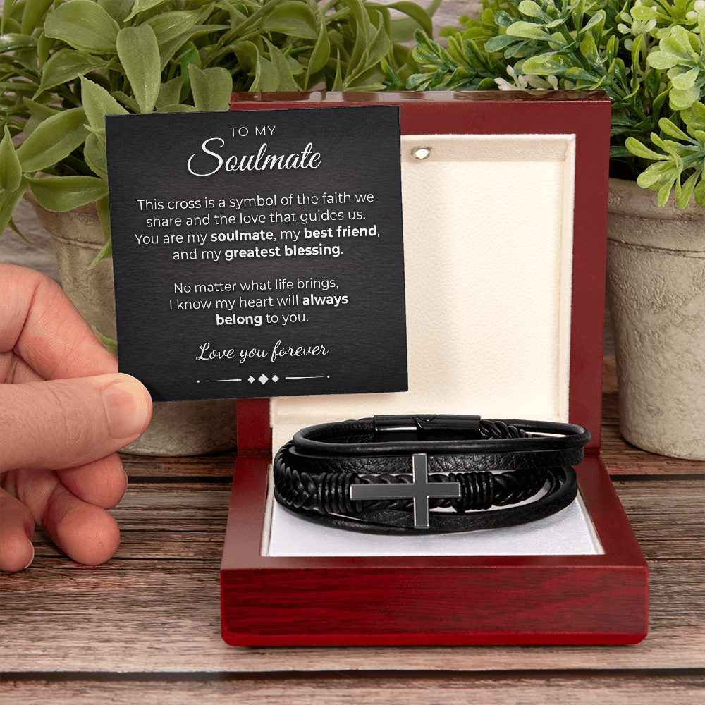 Men's Cross Leather Bracelet for Soulmate – Braided Vegan Leather Keepsake