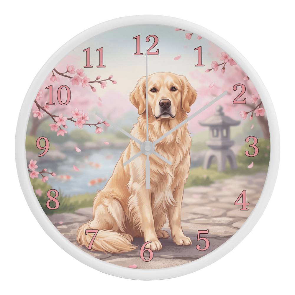 Golden Retriever Wooden Clock – "Cherry Blossom Garden" Wall Clock