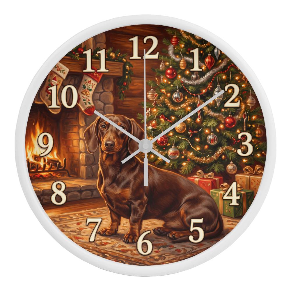 Dachshund Wooden Clock – "Warm Christmas Fireside" Wall Clock