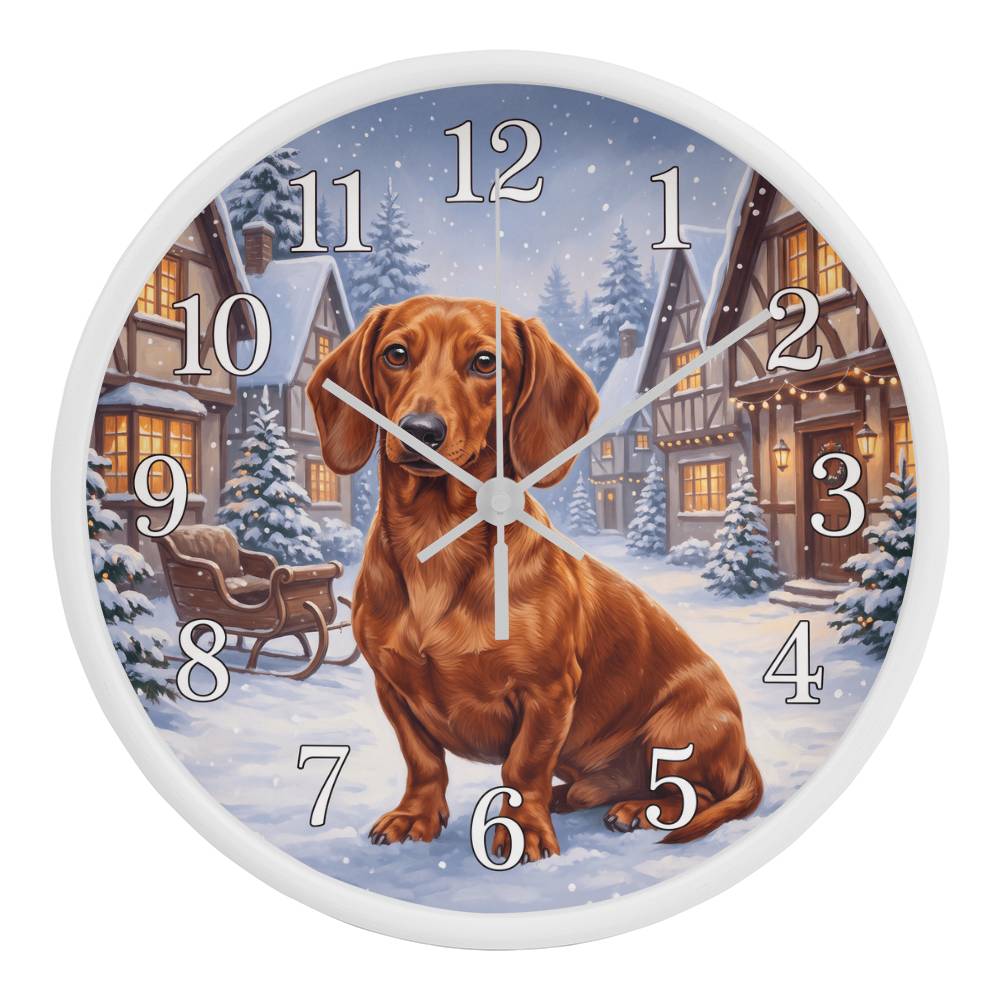 Dachshund Wooden Clock – "Snowy Village" Red Wall Clock