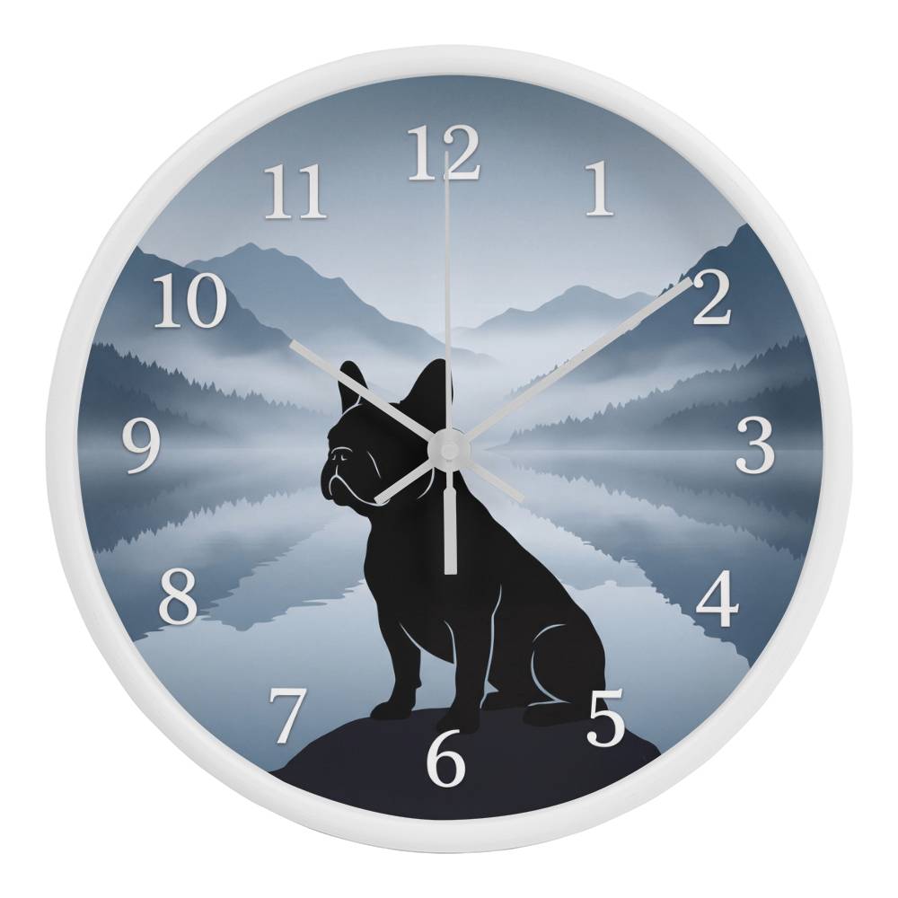French Bulldog Wooden Clock – "Misty Mountains" Silhouette Wall Clock