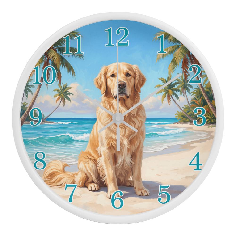 Golden Retriever Wooden Clock – "Tropical Beach" Wall Clock