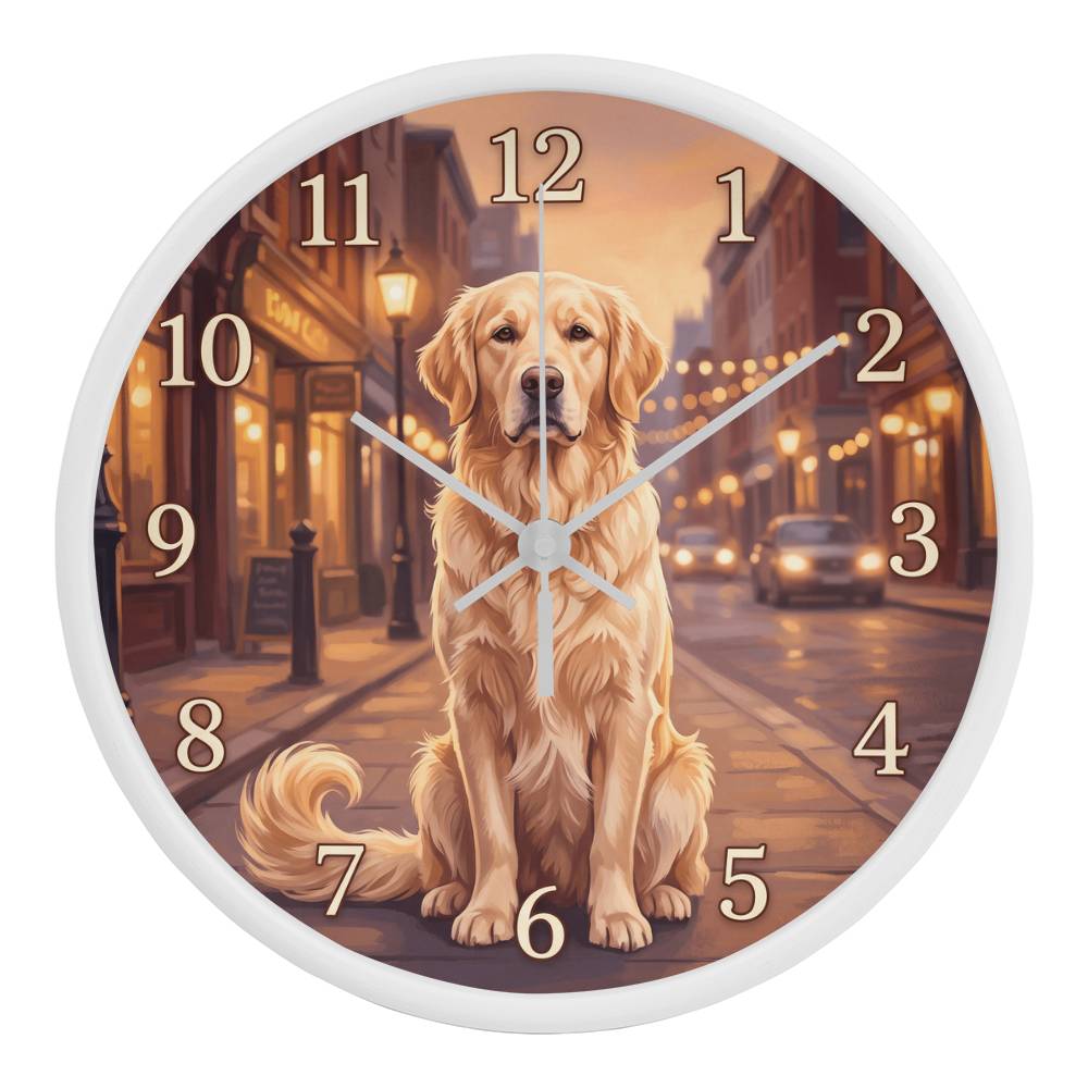 Golden Retriever Wooden Clock – "Golden Hour Street" Wall Clock