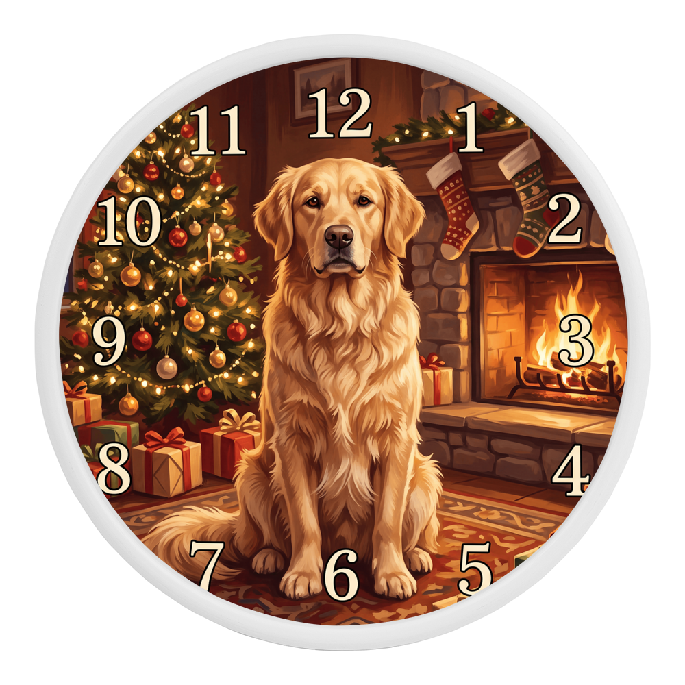 Golden Retriever Wooden Clock – "Christmas by the Fire" Wall Clock