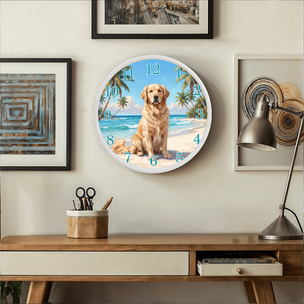 Golden Retriever Wooden Clock – "Tropical Beach" Wall Clock