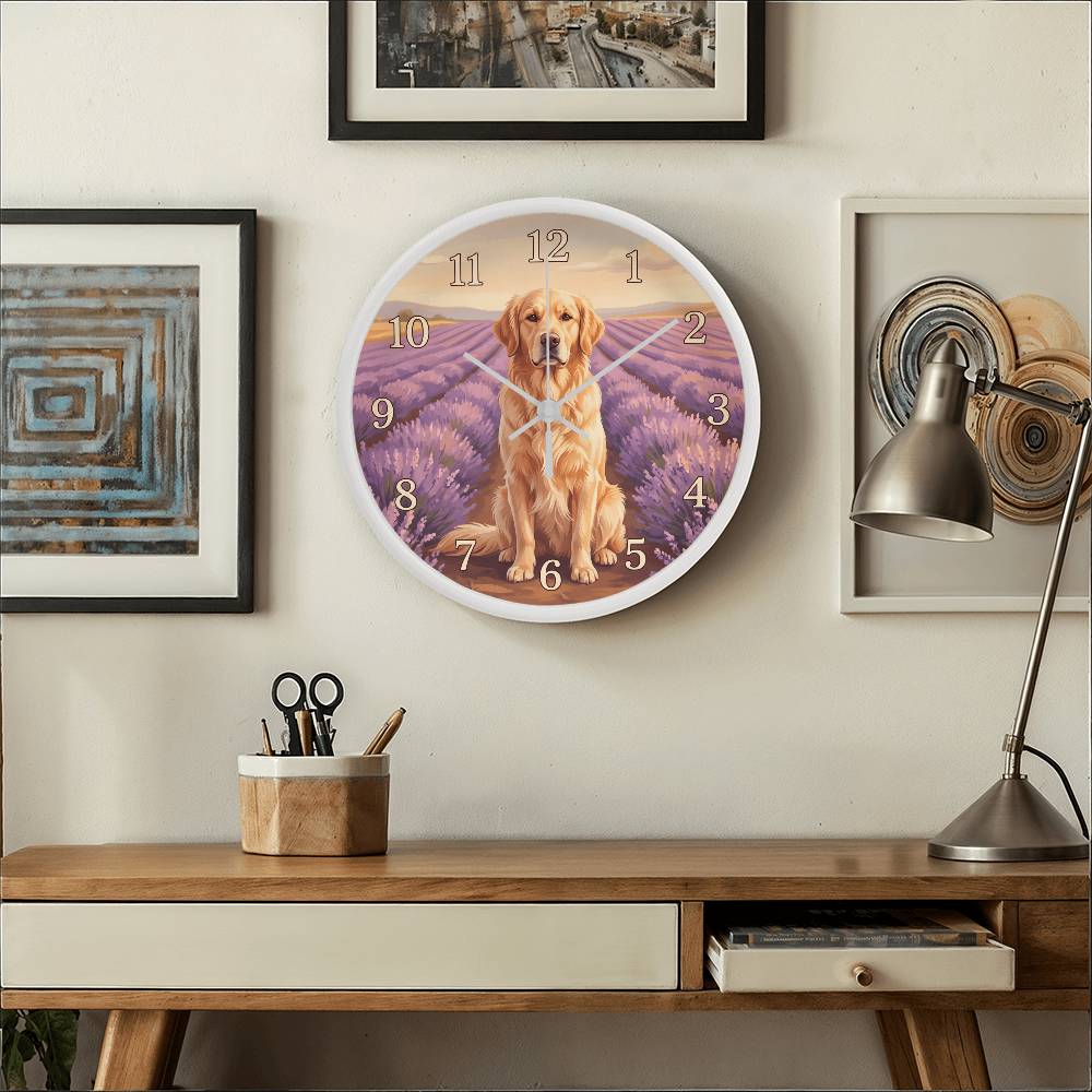 Golden Retriever Wooden Clock – "Lavender Fields" Wall Clock