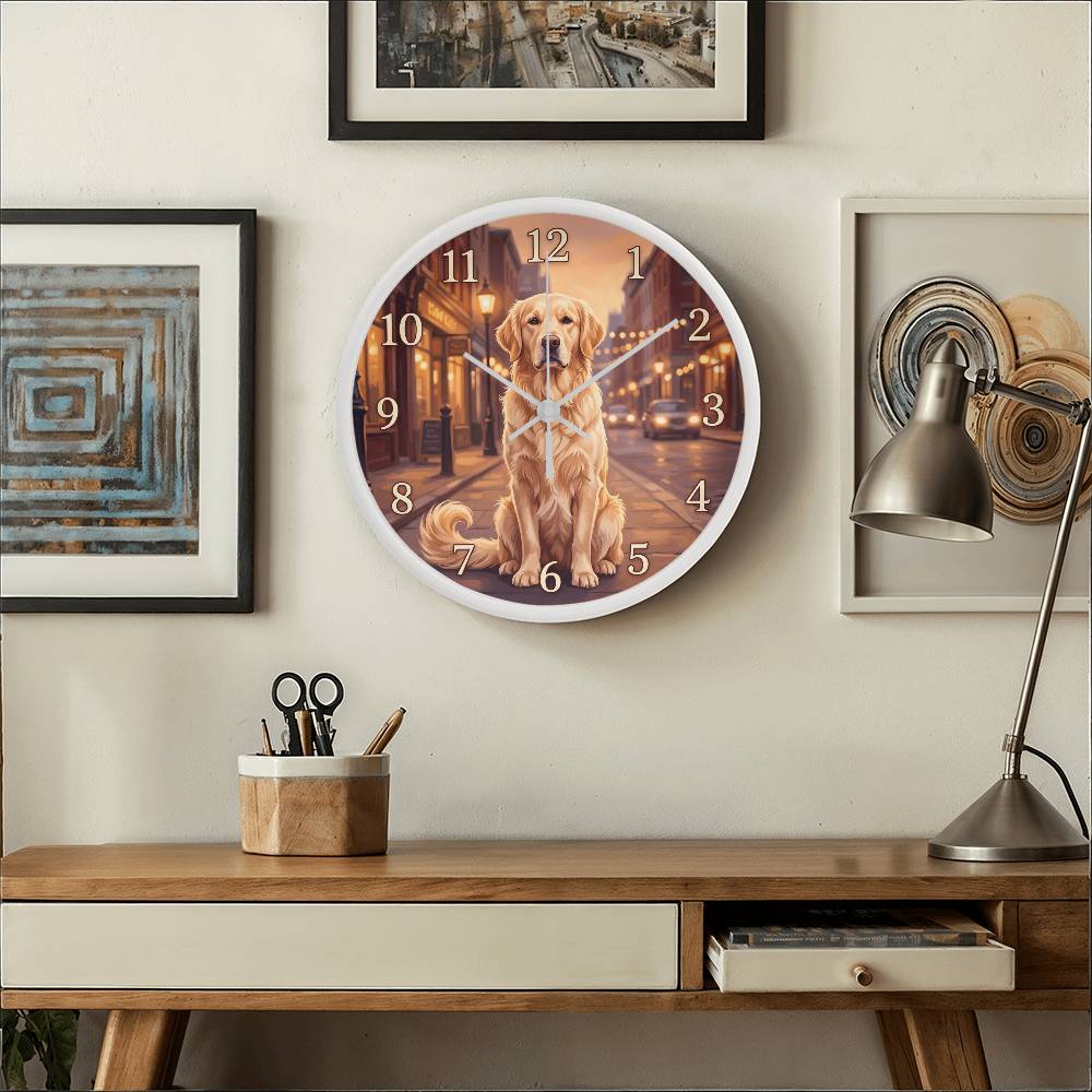 Golden Retriever Wooden Clock – "Golden Hour Street" Wall Clock