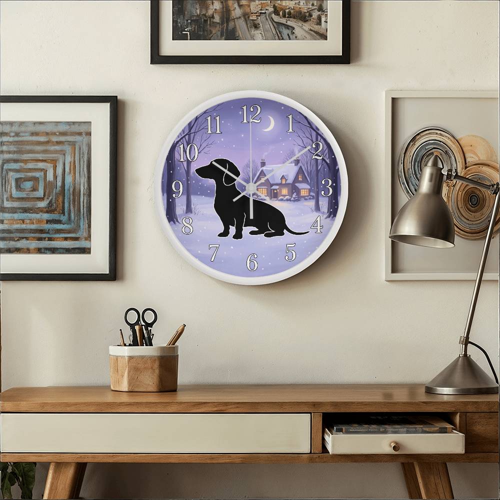 Dachshund Wooden Clock – "Winter Cottage Silhouette" Wall Clock
