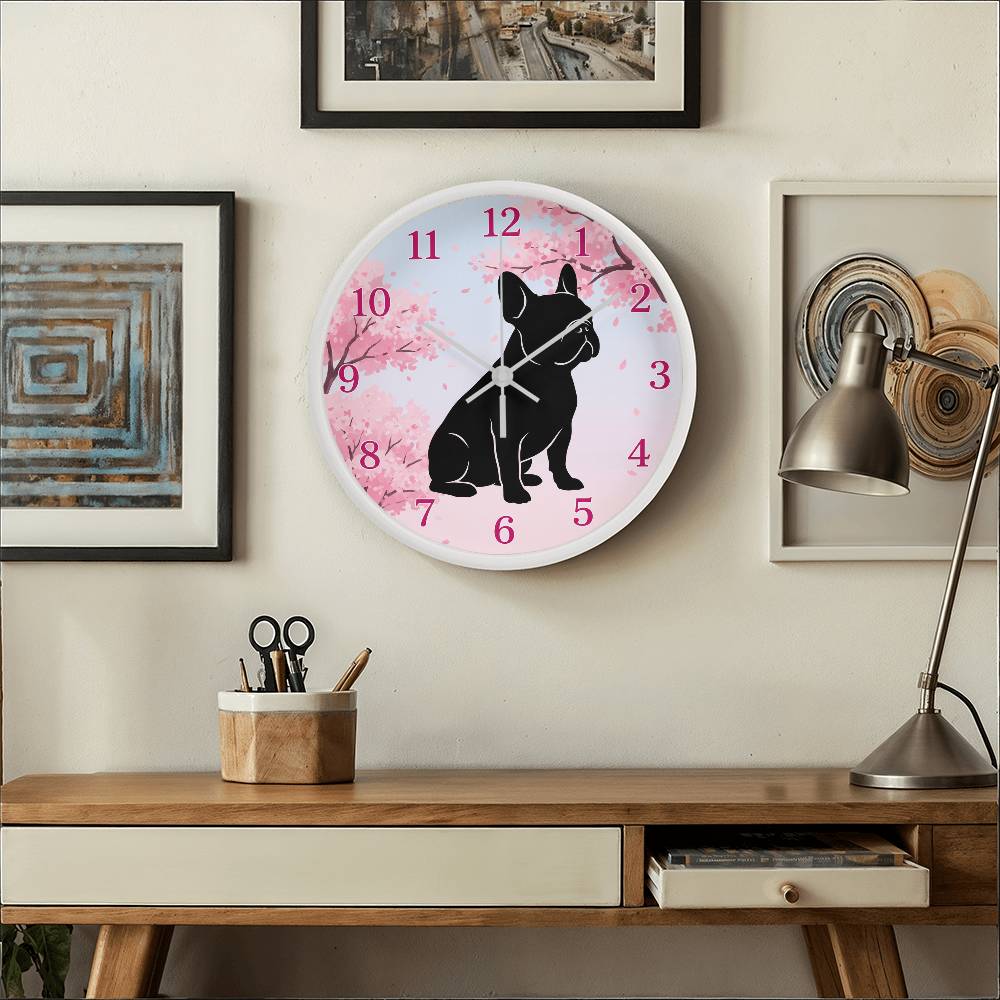 French Bulldog Wooden Clock – "Cherry Blossom" Silhouette Wall Clock