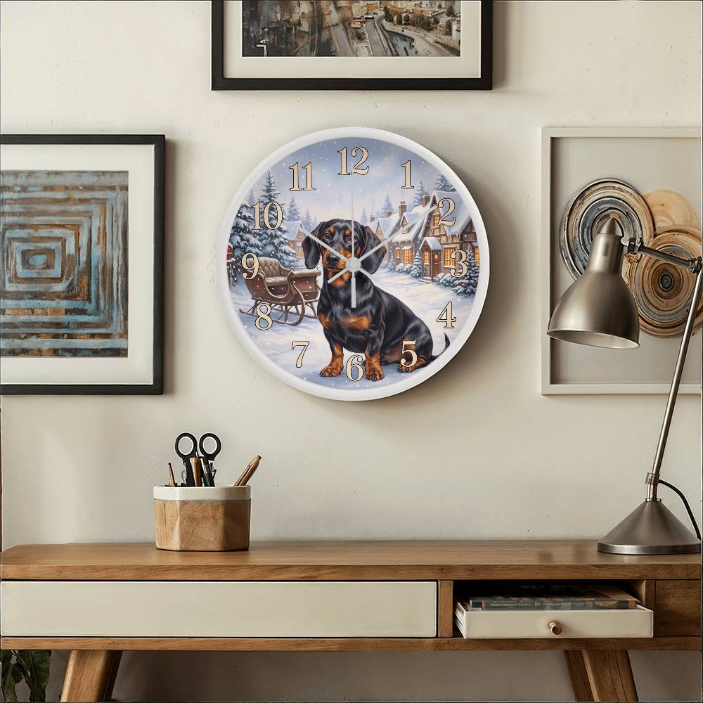 Dachshund Wooden Clock – "Snowy Village" Black & Tan Wall Clock