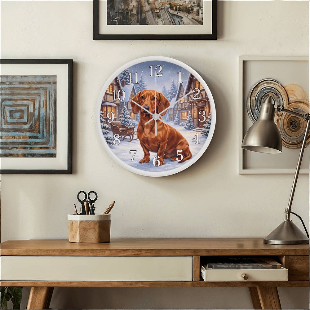 Dachshund Wooden Clock – "Snowy Village" Red Wall Clock