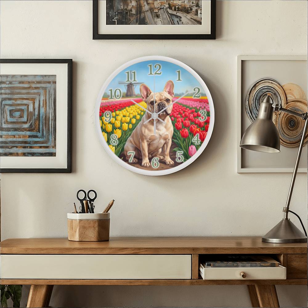 French Bulldog Wooden Clock – "Tulip Field" Wall Clock