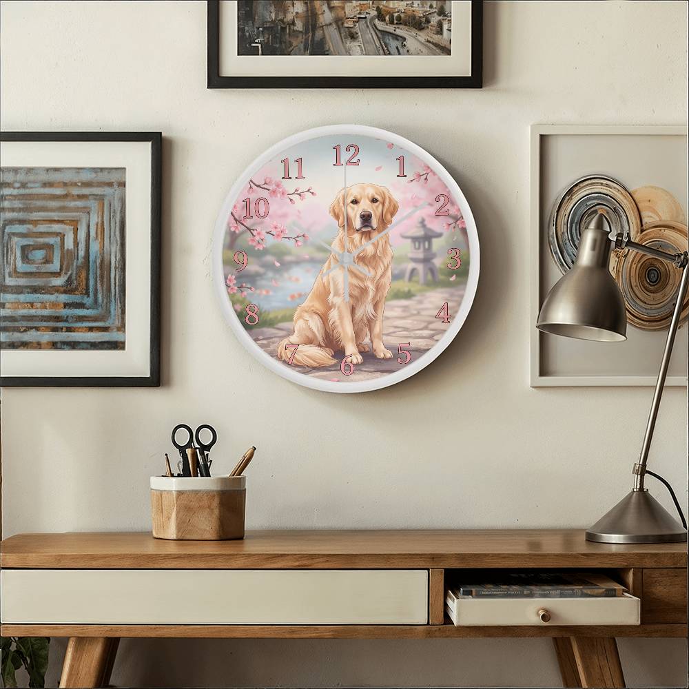 Golden Retriever Wooden Clock – "Cherry Blossom Garden" Wall Clock
