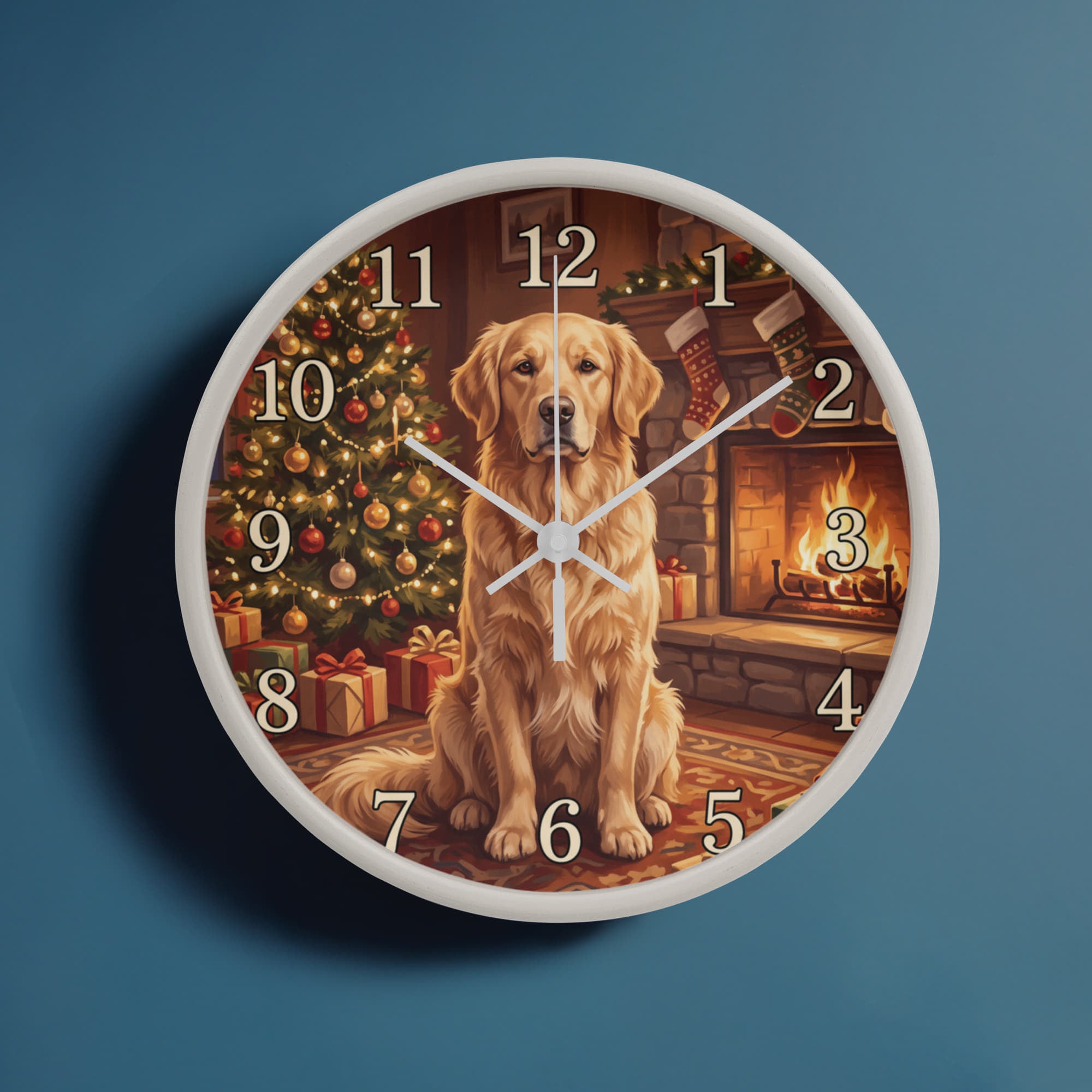 Golden Retriever Wooden Clock – "Christmas by the Fire" Wall Clock