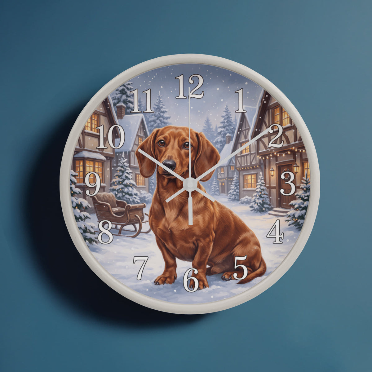 Dachshund Wooden Clock – "Snowy Village" Red Wall Clock