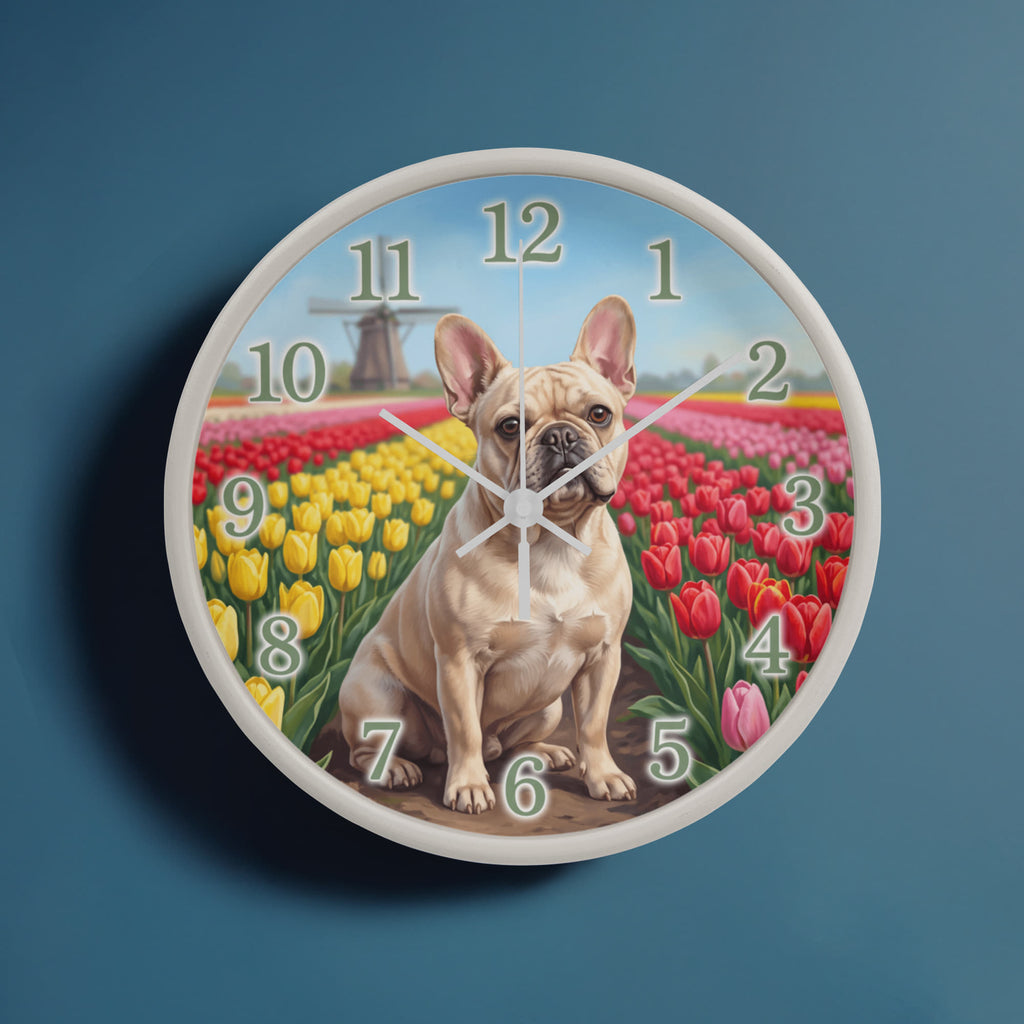 French Bulldog Wooden Clock – "Tulip Field" Wall Clock