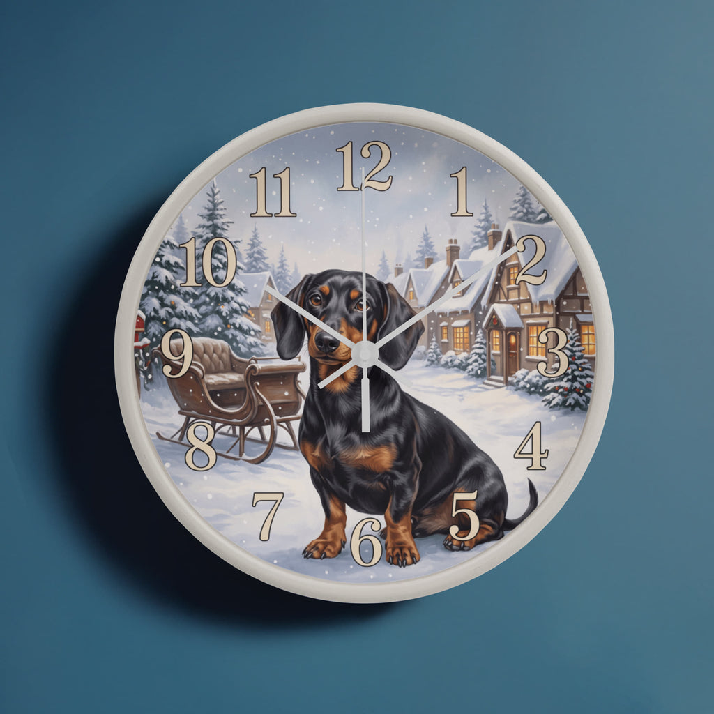Dachshund Wooden Clock – "Snowy Village" Black & Tan Wall Clock