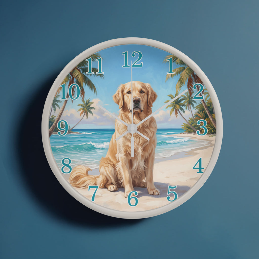 Golden Retriever Wooden Clock – "Tropical Beach" Wall Clock