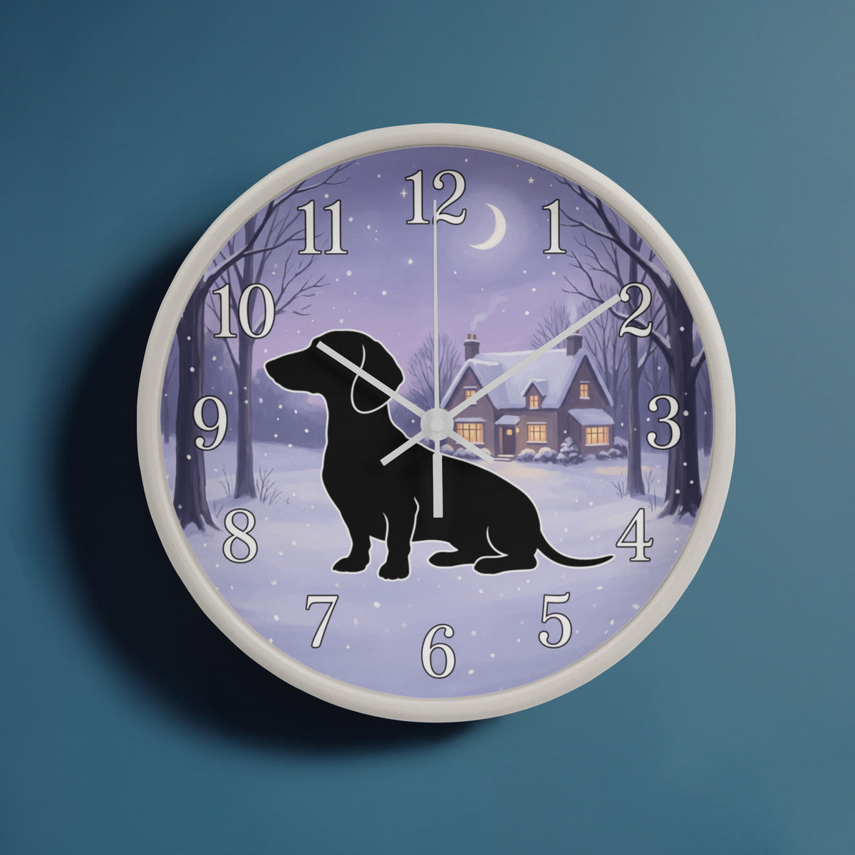 Dachshund Wooden Clock – "Winter Cottage Silhouette" Wall Clock