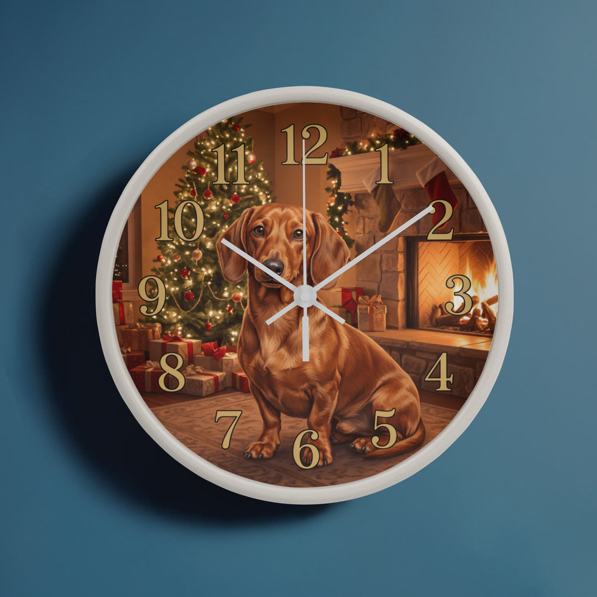 Dachshund Wooden Clock – "Christmas Fireside" Chocolate Wall Clock