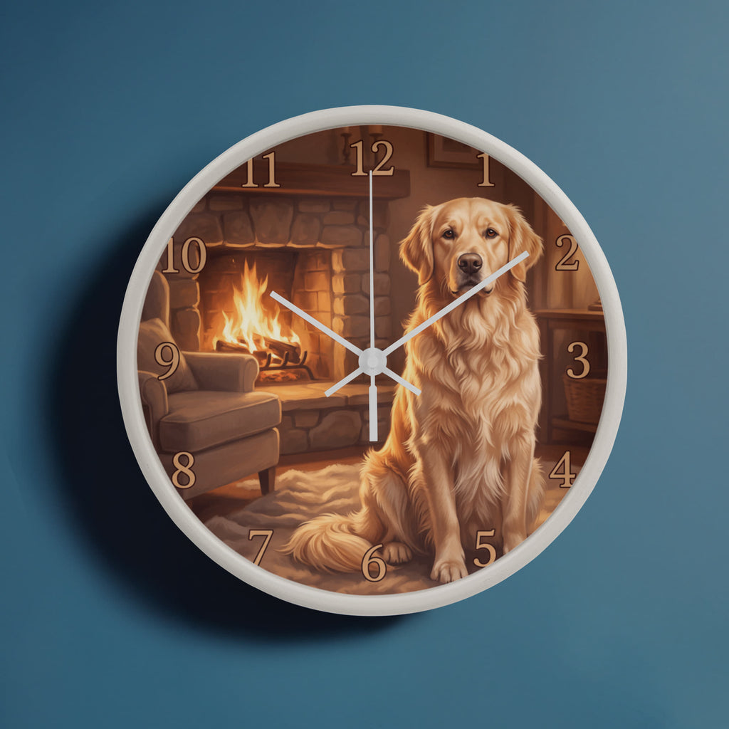 Golden Retriever Wooden Clock – "Cozy Fireside" Wall Clock