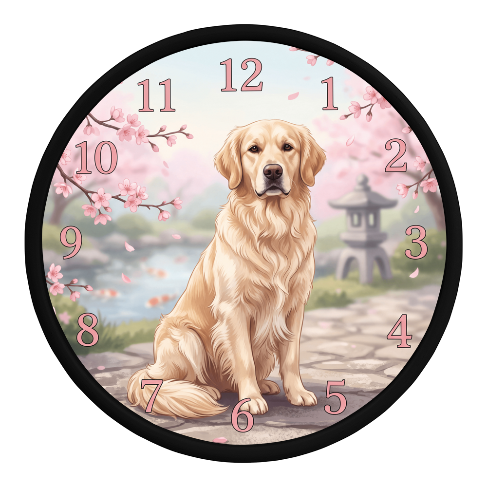 Golden Retriever Wooden Clock – "Cherry Blossom Garden" Wall Clock