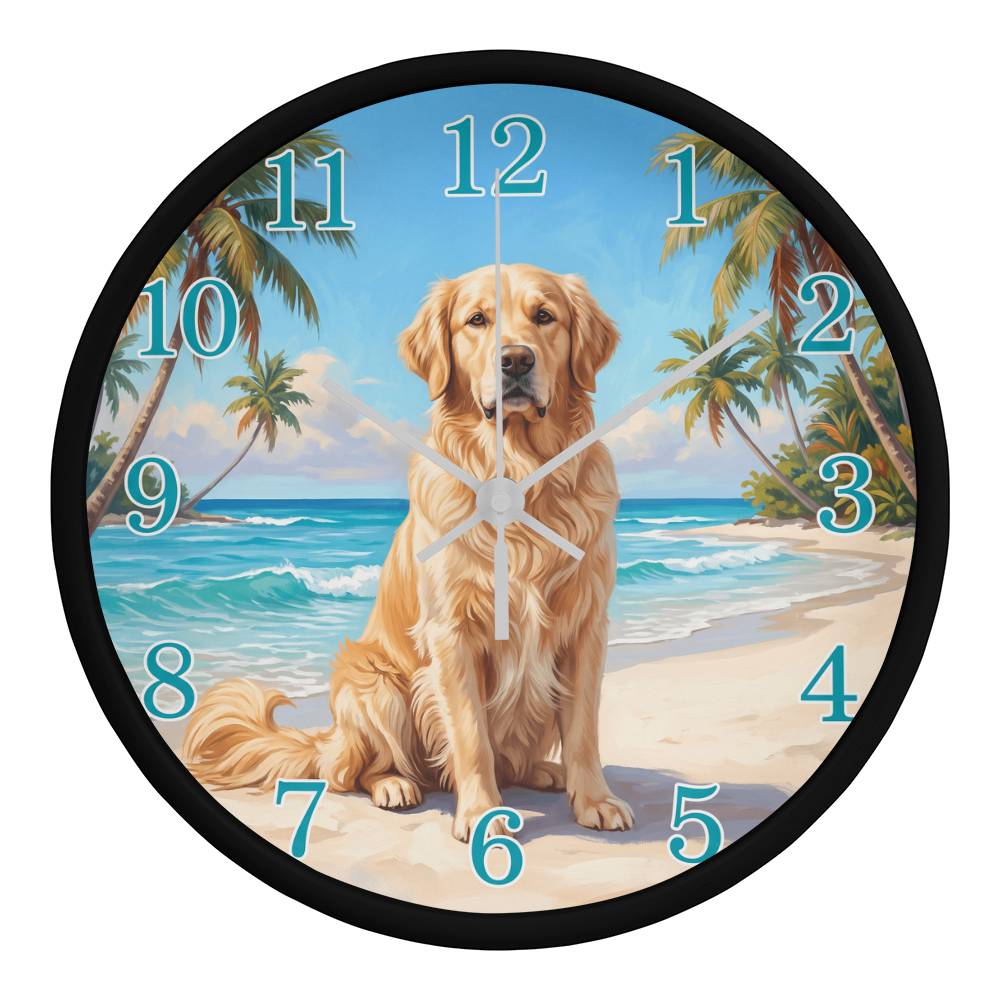 Golden Retriever Wooden Clock – "Tropical Beach" Wall Clock