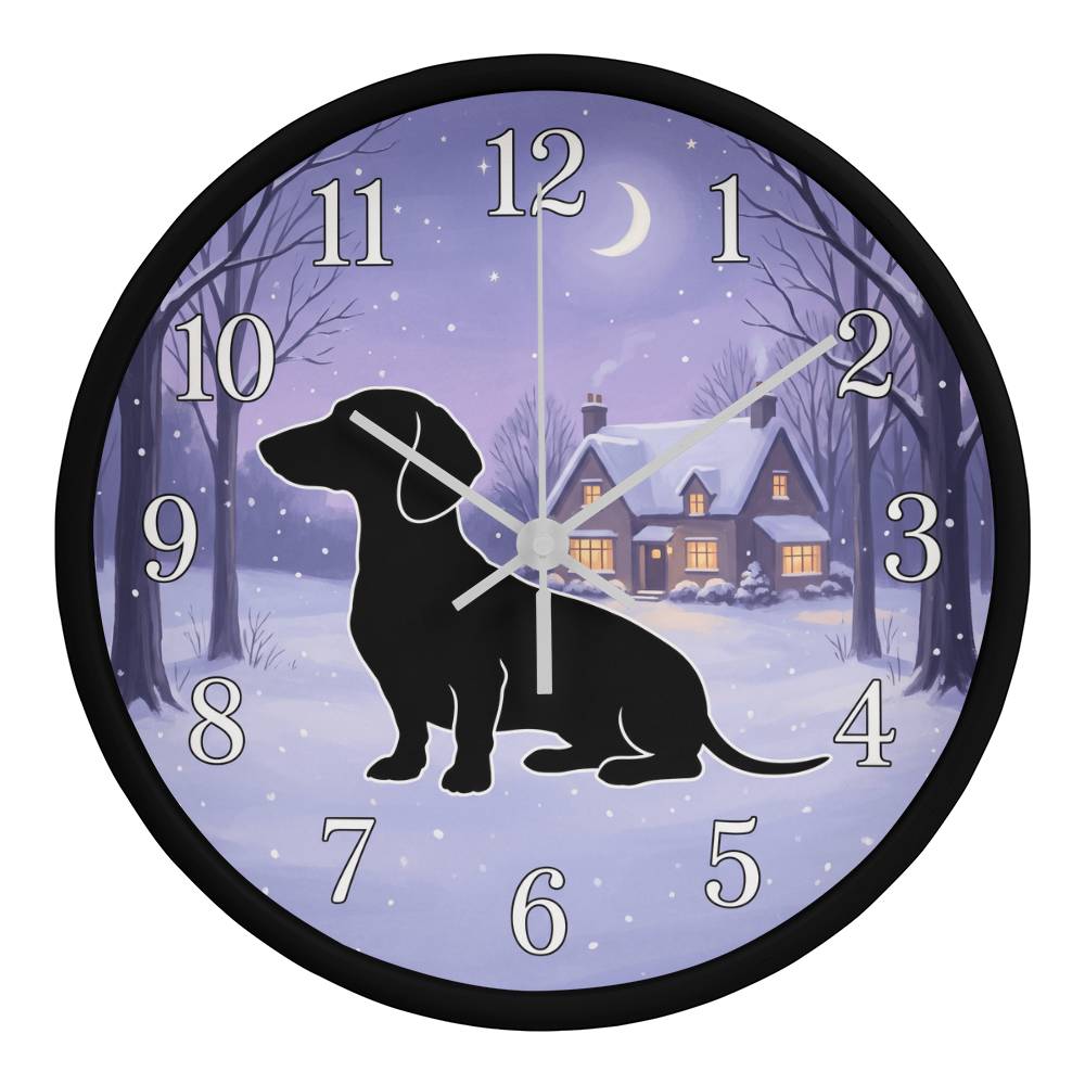 Dachshund Wooden Clock – "Winter Cottage Silhouette" Wall Clock