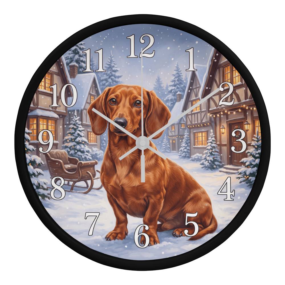 Dachshund Wooden Clock – "Snowy Village" Red Wall Clock