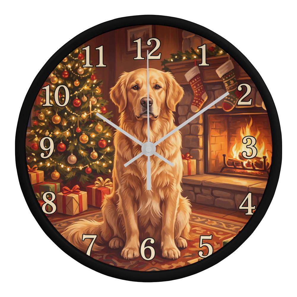 Golden Retriever Wooden Clock – "Christmas by the Fire" Wall Clock