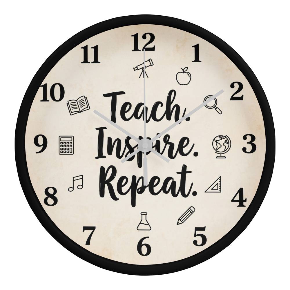 Teacher Wooden Clock – "Teach. Inspire. Repeat." Icons Wall Clock