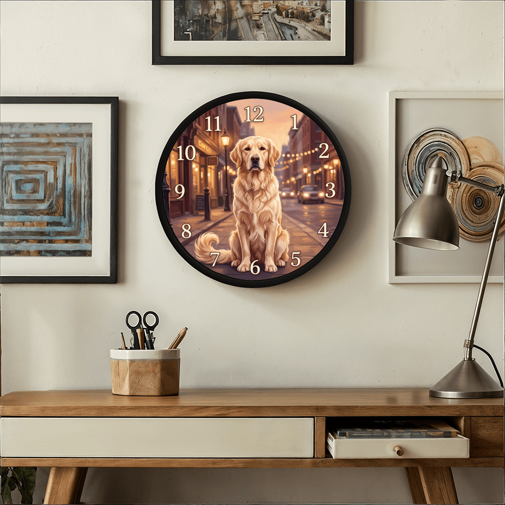 Golden Retriever Wooden Clock – "Golden Hour Street" Wall Clock