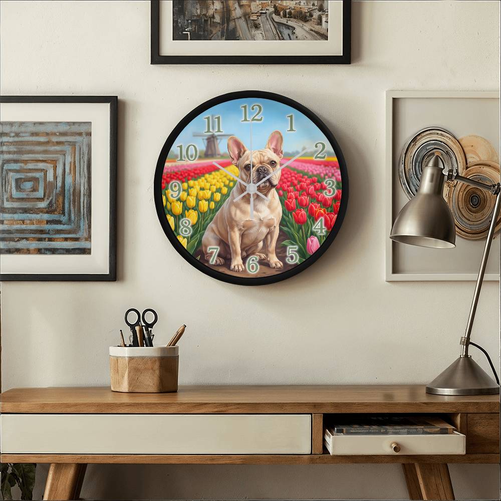 French Bulldog Wooden Clock – "Tulip Field" Wall Clock