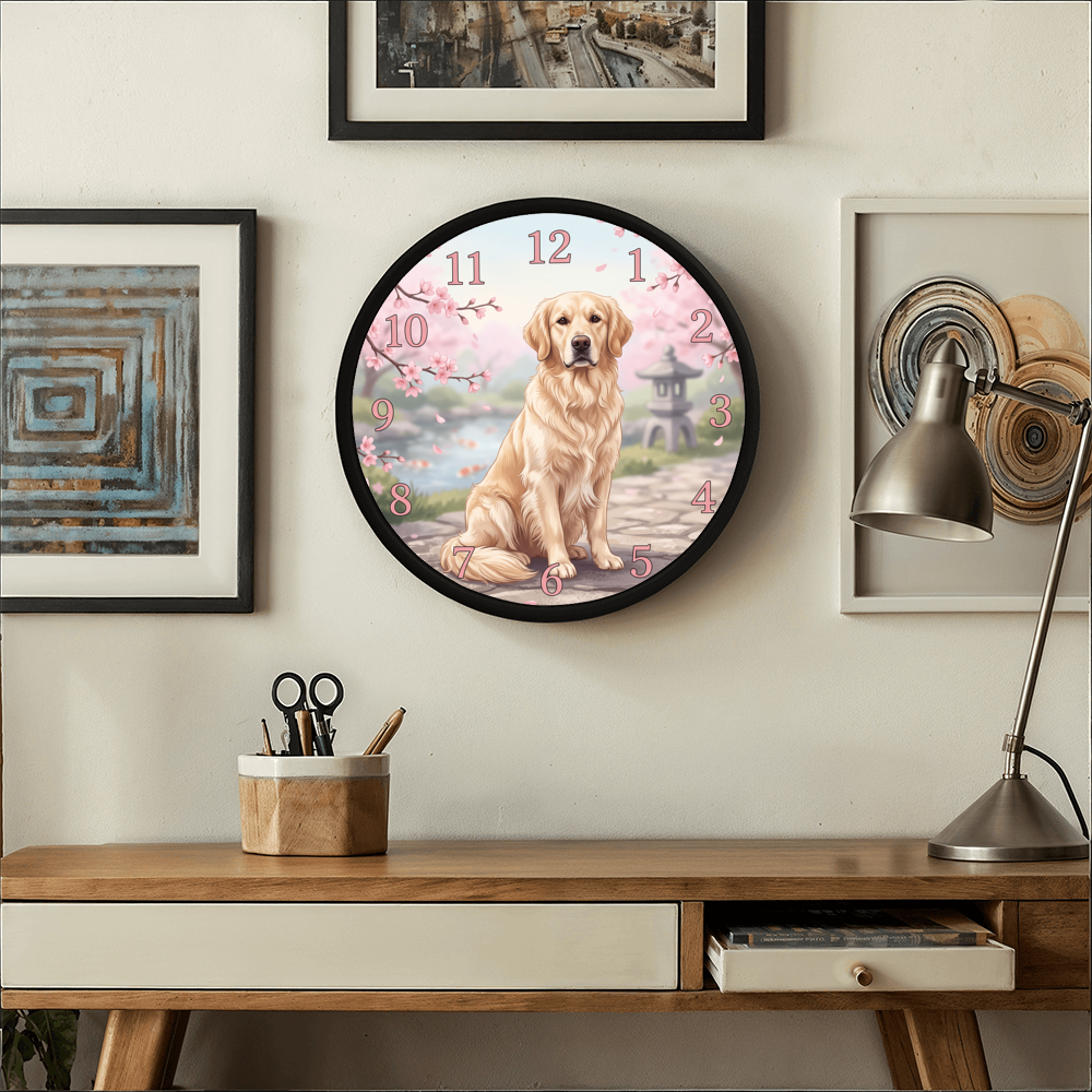Golden Retriever Wooden Clock – "Cherry Blossom Garden" Wall Clock