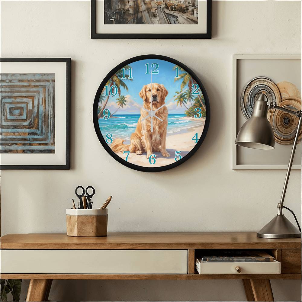 Golden Retriever Wooden Clock – "Tropical Beach" Wall Clock