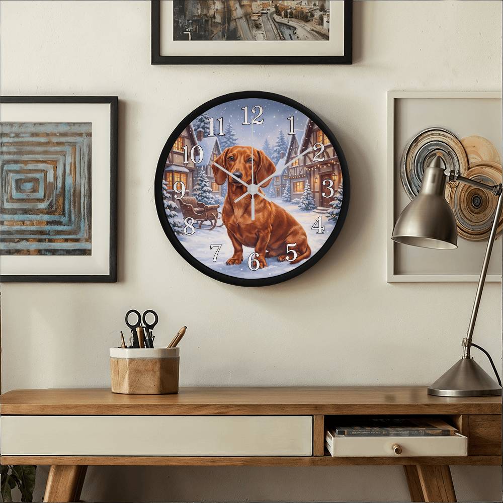 Dachshund Wooden Clock – "Snowy Village" Red Wall Clock