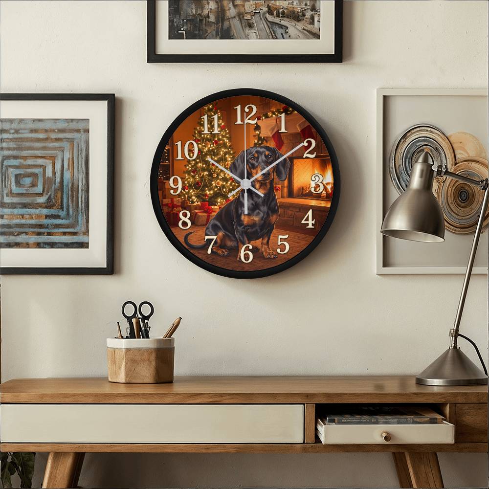 Dachshund Wooden Clock – "Christmas Fireside" Red Wall Clock