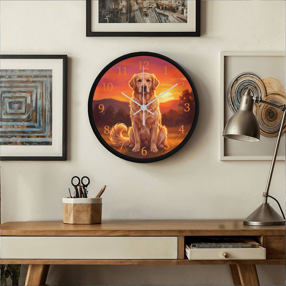 Golden Retriever Wooden Clock – "Sunset Meadow" Wall Clock