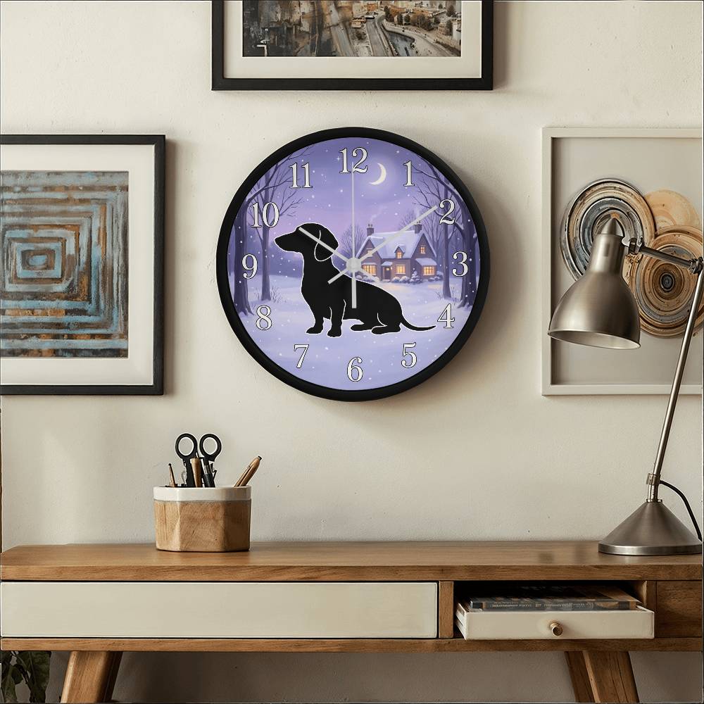 Dachshund Wooden Clock – "Winter Cottage Silhouette" Wall Clock