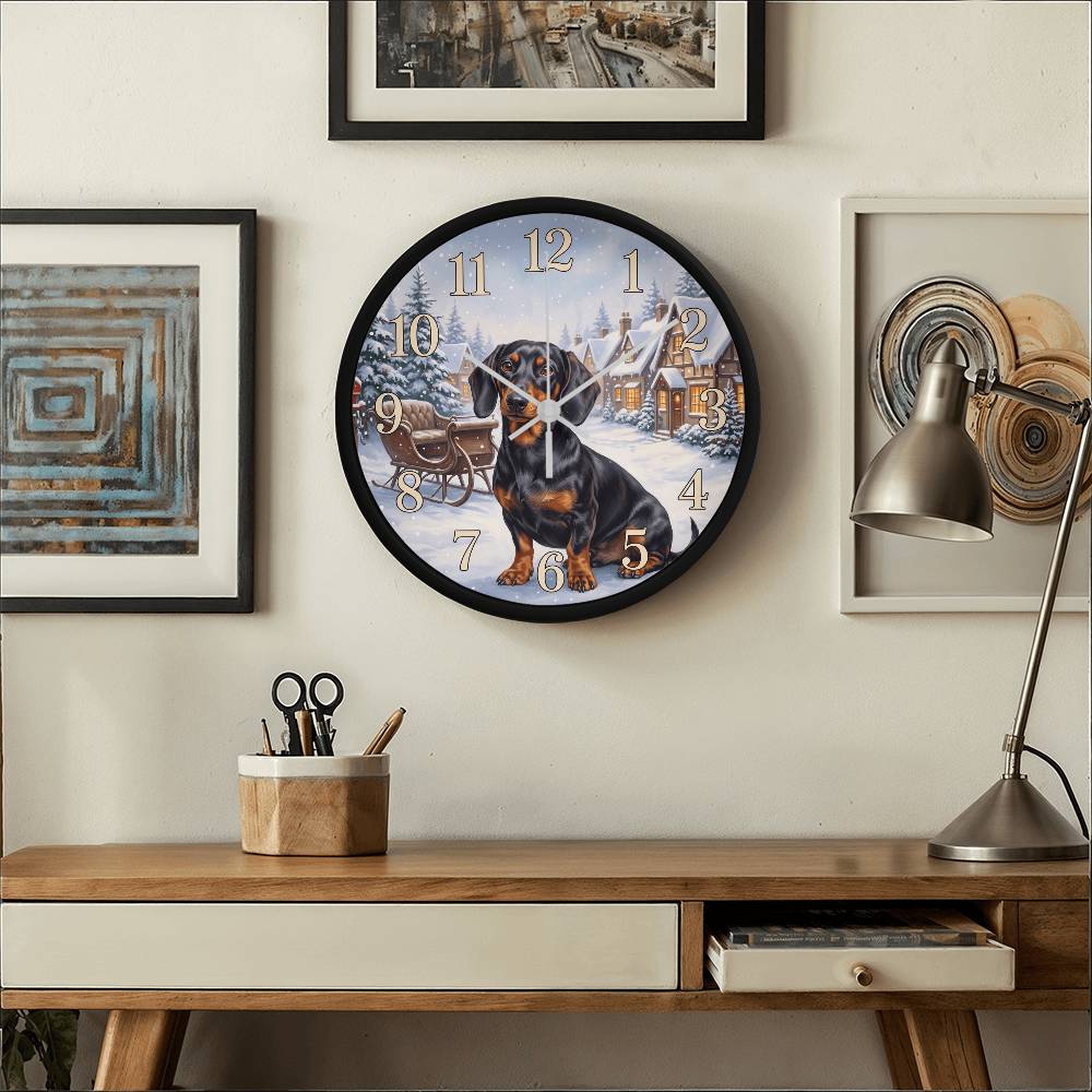 Dachshund Wooden Clock – "Snowy Village" Black & Tan Wall Clock