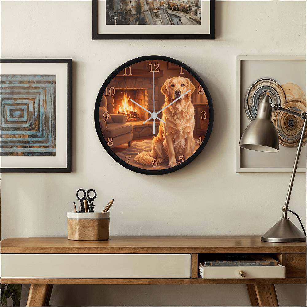 Golden Retriever Wooden Clock – "Cozy Fireside" Wall Clock