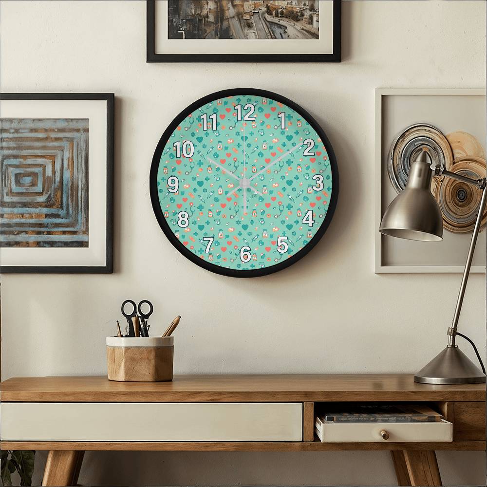 Nurse Wooden Clock – Medical Icons Pattern Wall Clock