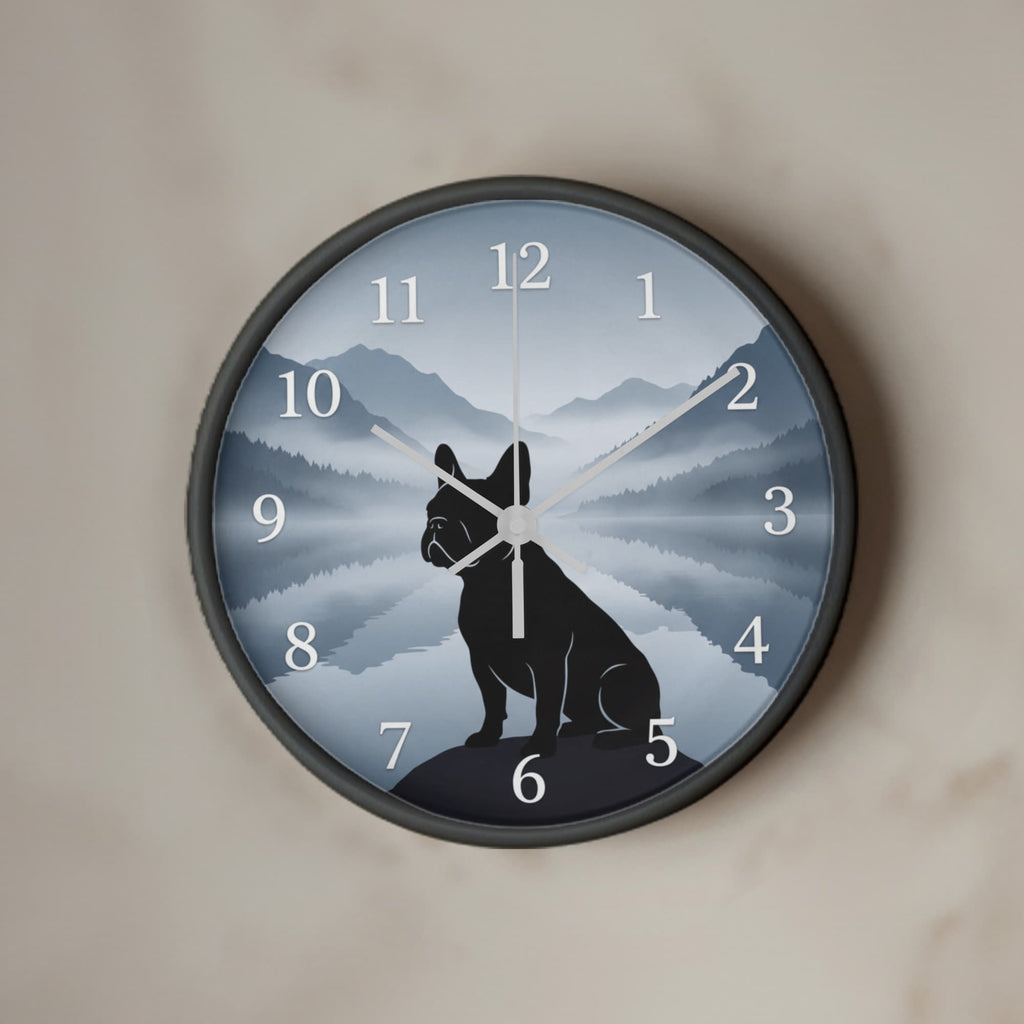 French Bulldog Wooden Clock – "Misty Mountains" Silhouette Wall Clock