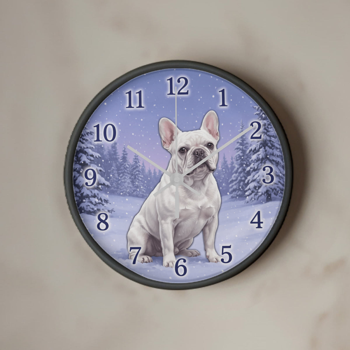 French Bulldog Wooden Clock – "Snowy Forest" White Wall Clock