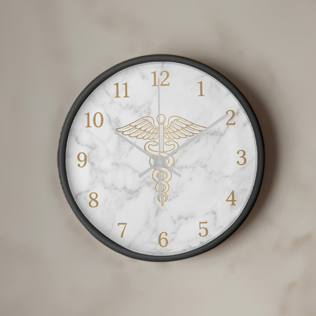 Nurse Wooden Clock – Gold Caduceus Marble Wall Clock