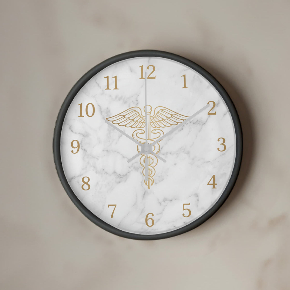 Nurse Wooden Clock – Gold Caduceus Marble Wall Clock