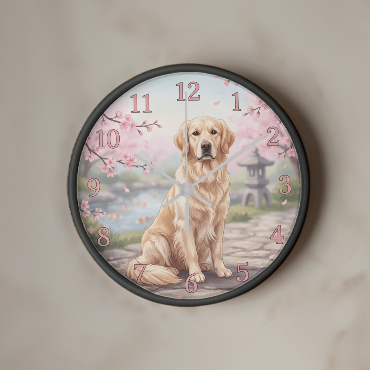 Golden Retriever Wooden Clock – "Cherry Blossom Garden" Wall Clock