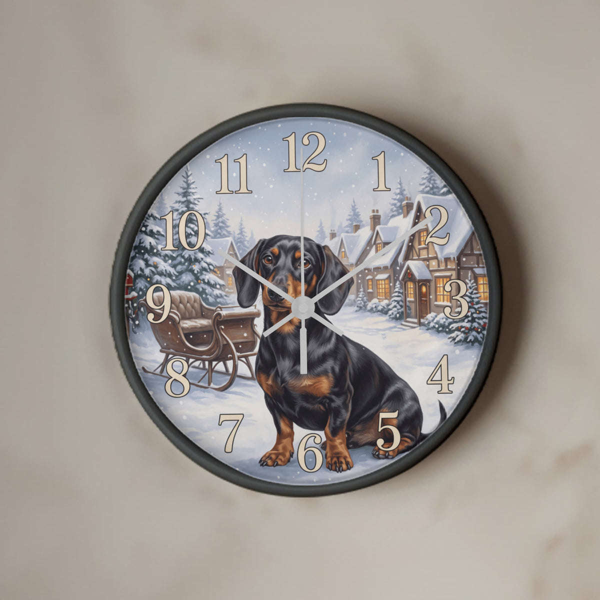 Dachshund Wooden Clock – "Snowy Village" Black & Tan Wall Clock