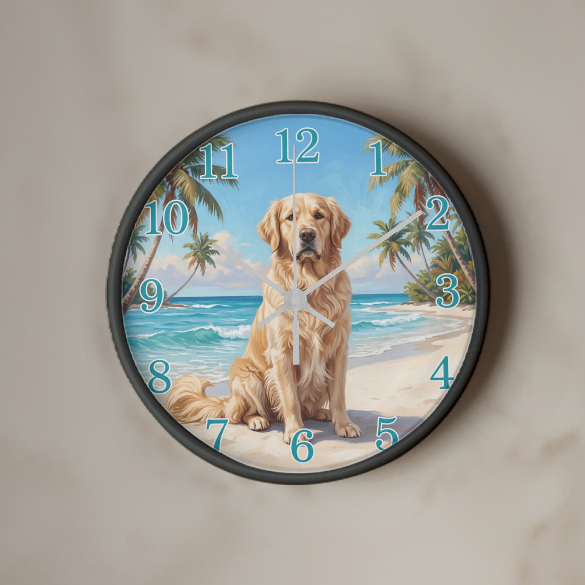 Golden Retriever Wooden Clock – "Tropical Beach" Wall Clock