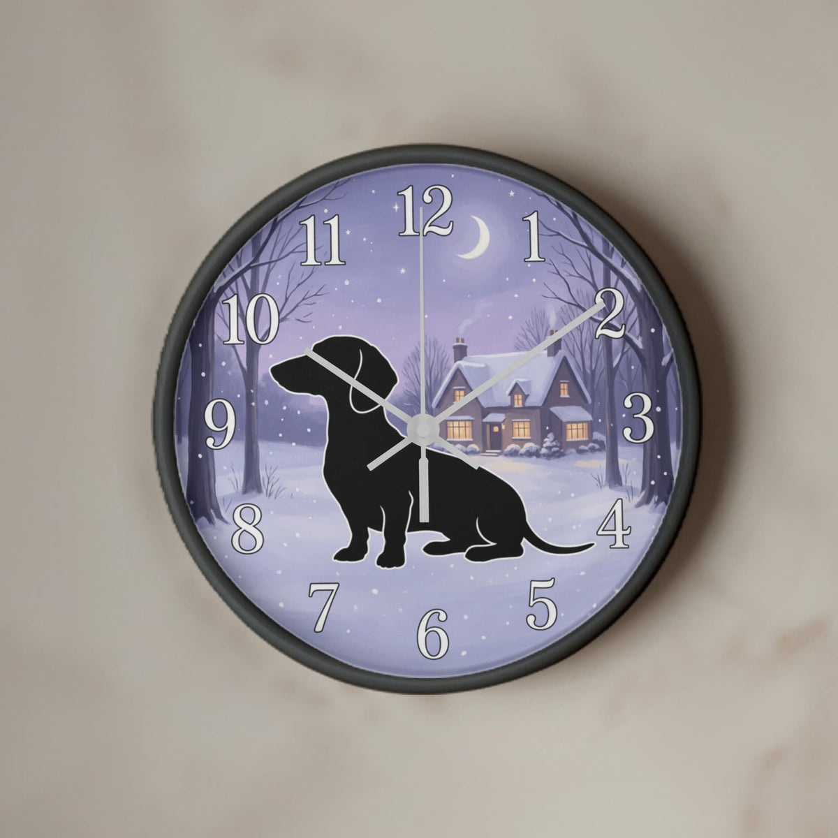Dachshund Wooden Clock – "Winter Cottage Silhouette" Wall Clock